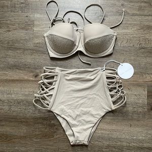 NWT Tori Praver Beige Bikini Drama High Waisted L
